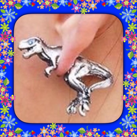 Silver T-Rex Dinosaur Earrings - Picture 3 of 6